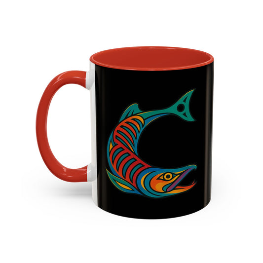 Alaska Salmon Mug   Tlingit Style Coffee Cup  907 Alaska Gift  Color Accent Ceramic Mug  Alaskan Souvenir  Wildlife Art