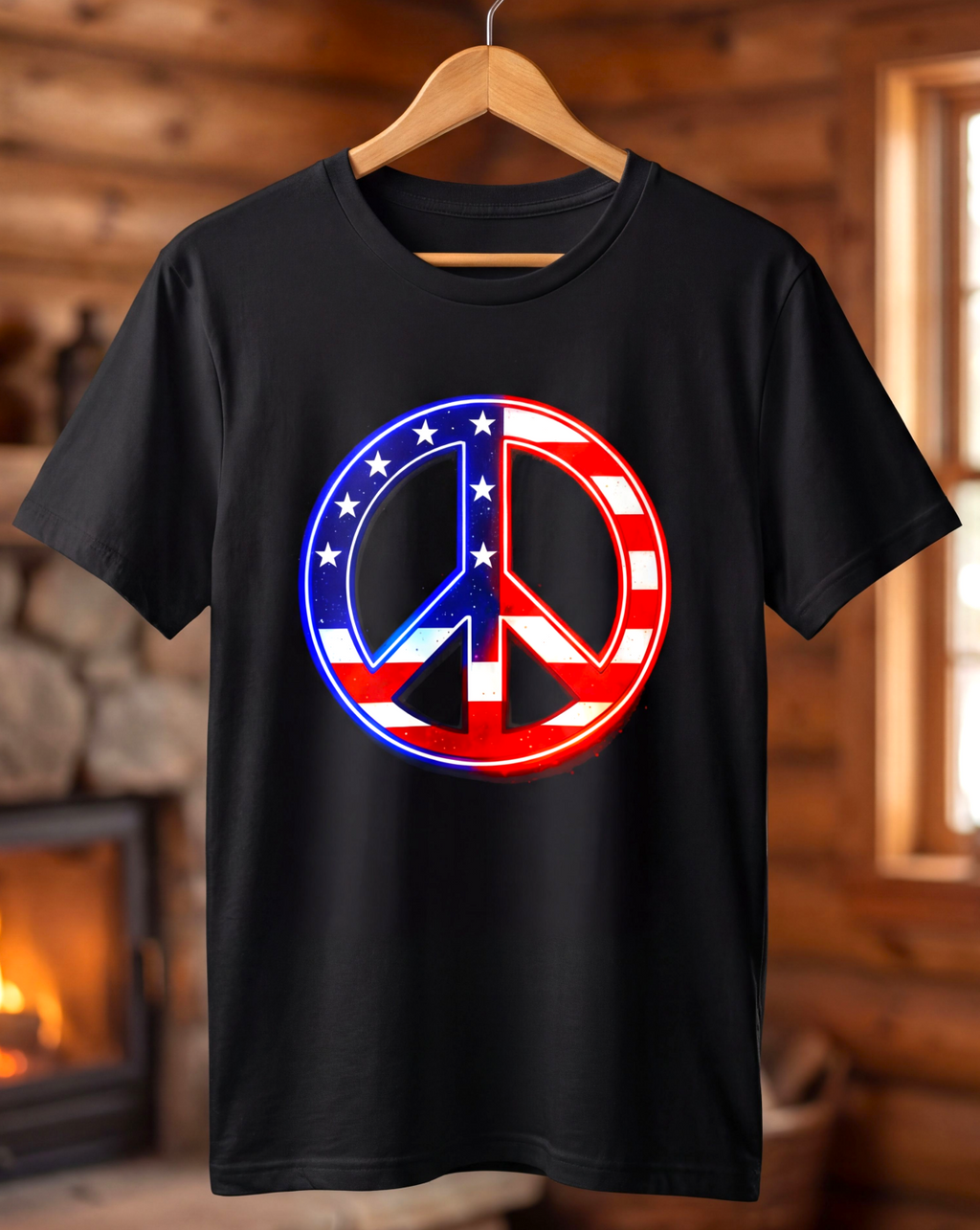 Neon Peace Symbol T-Shirt – Red, White & Blue Glow