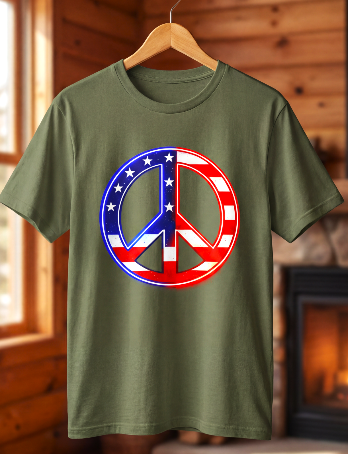 Neon Peace Symbol T-Shirt – Red, White & Blue Glow